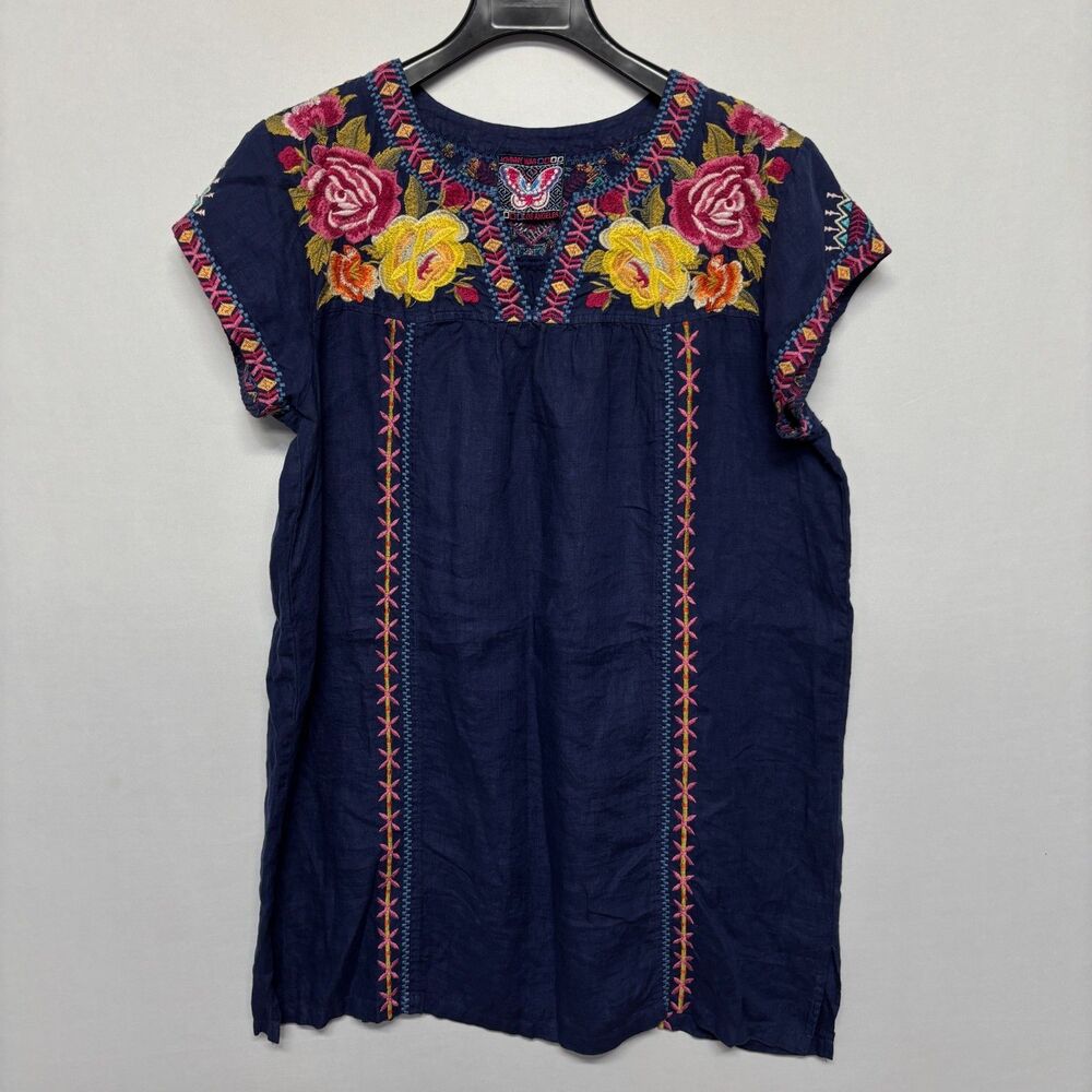 Johnny Was Floral Embroidered 100% Linen Tunic Mini Dress Size Large D132 -8